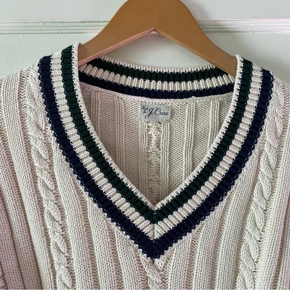 J. Crew Cream Cable-Knit V-Neck Sweater with Navy & Forest Stripes